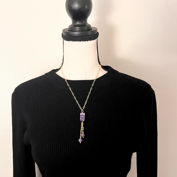 Banded Amethyst Gemstone Lariat Necklace 14k Gold Filled. - Picture 4 of 5